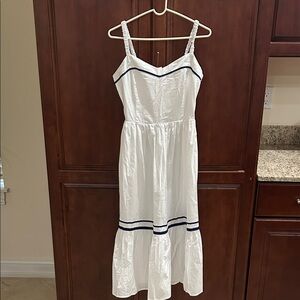 J. Crew White Midi Dress with Navy Trim and Pockets